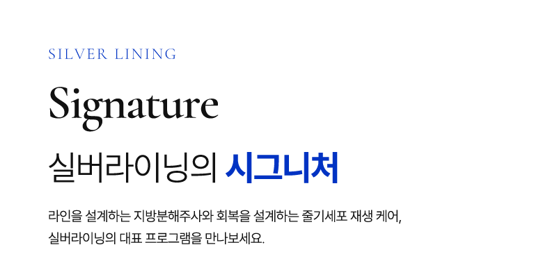 SILVER LINING Signature, 실버라이닝의 시그니처 - 라인을 설계하는 지방분해주사와 회복을 설계하는 줄기세포 재생 케어, 실버라이닝의 대표 프로그램을 만나보세요.