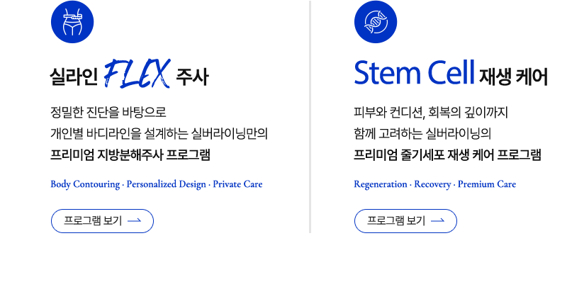 실라인 FLEX 주사 - 프리미엄 지방분해주사 프로그램(Body Contouring · Personalized Design · Private Care), Stem Cell 재생 케어 - 프리미엄 줄기세포 재생 케어 프로그램(Regeneration · Recovery · Premium Care)