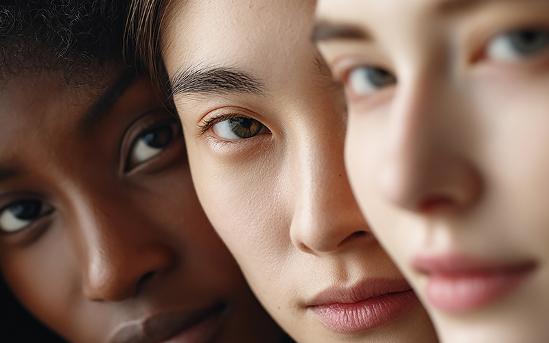 다양한 인종과 피부색을 가진 세 여성의 얼굴을 클로즈업한 이미지, 팀메디컬인천 공식 지정 의료기관의 다양한 국적 환자 케어를 상징