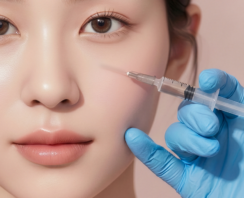 장갑을 낀 손으로 주사기를 이용해 턱선 부위에 시술하는 클로즈업 이미지
