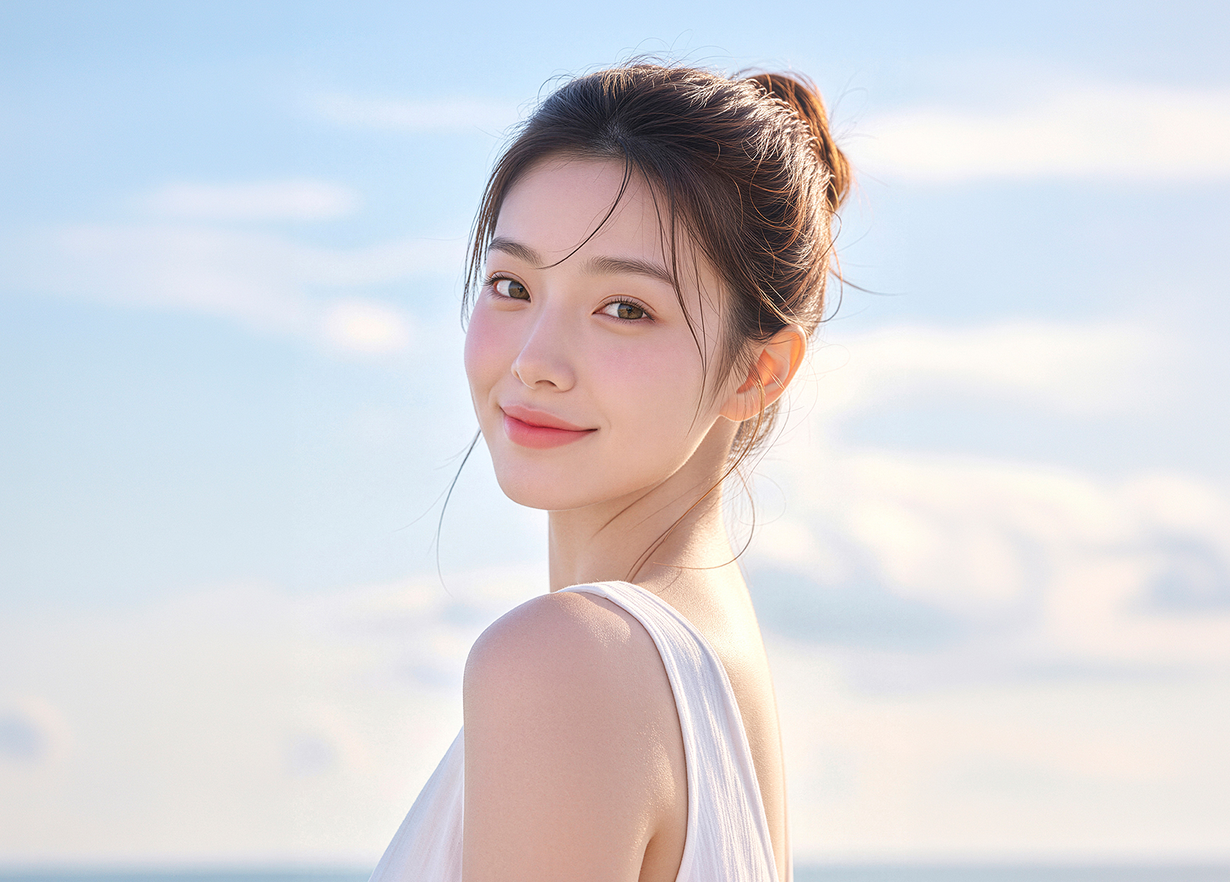 미소를 지으며 옆모습을 보여주는 여성 모델의 어깨와 목선 이미지
