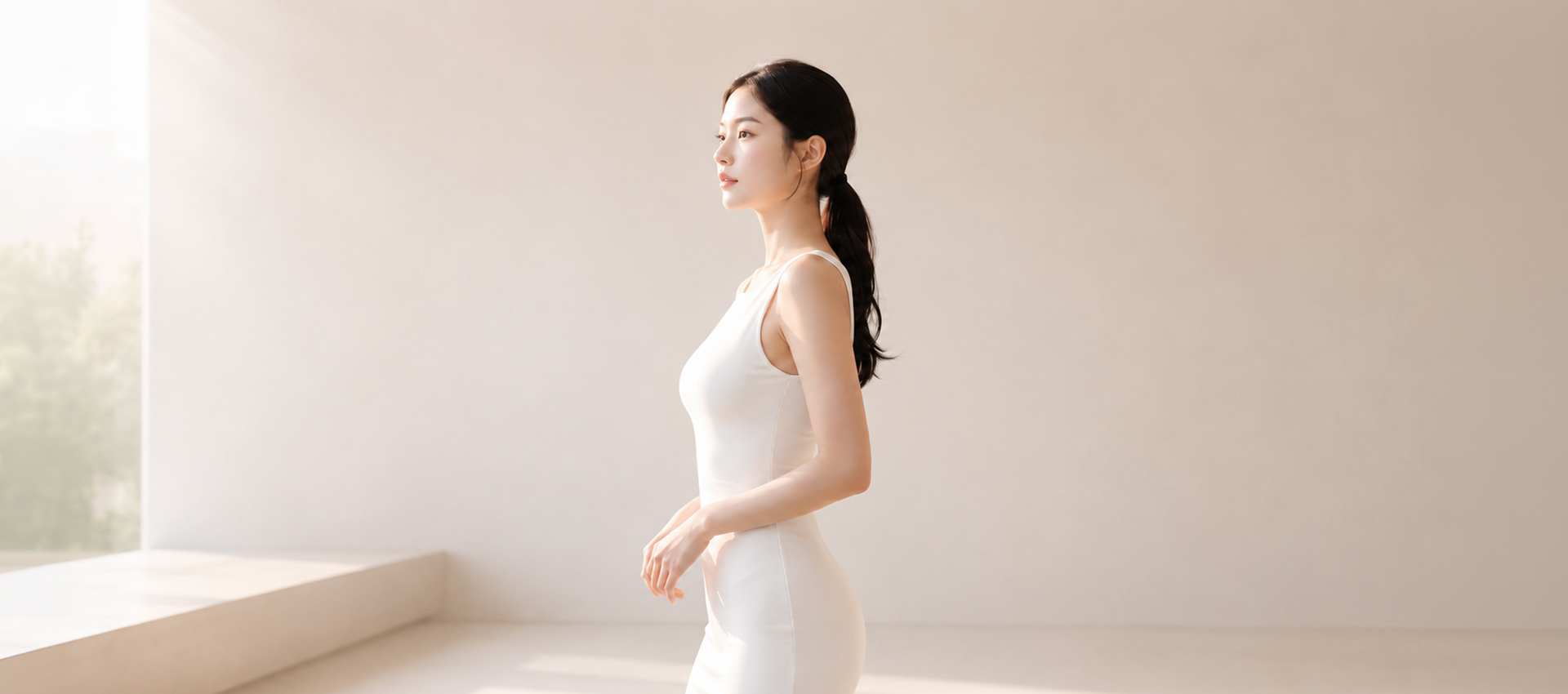 흰 원피스를 입고 탄력있는 바디라인을 드러내며 서 있는 여성의 옆모습 이미지