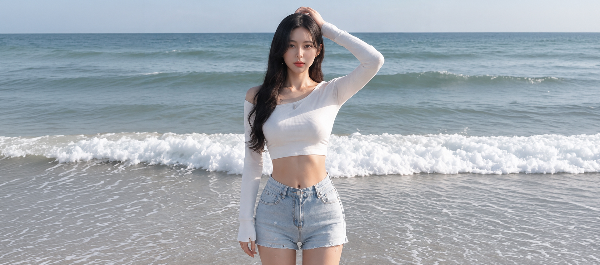 바다를 배경으로 화이트 크롭탑과 데님 반바지를 입고 서있는 여성의 슬림한 바디라인 이미지